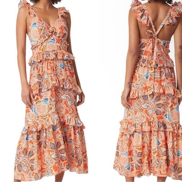 NWT MISA Los Angeles Morrison Tiered Ruffle Cotton Dress tangerine floral Large - Picture 1 of 10
